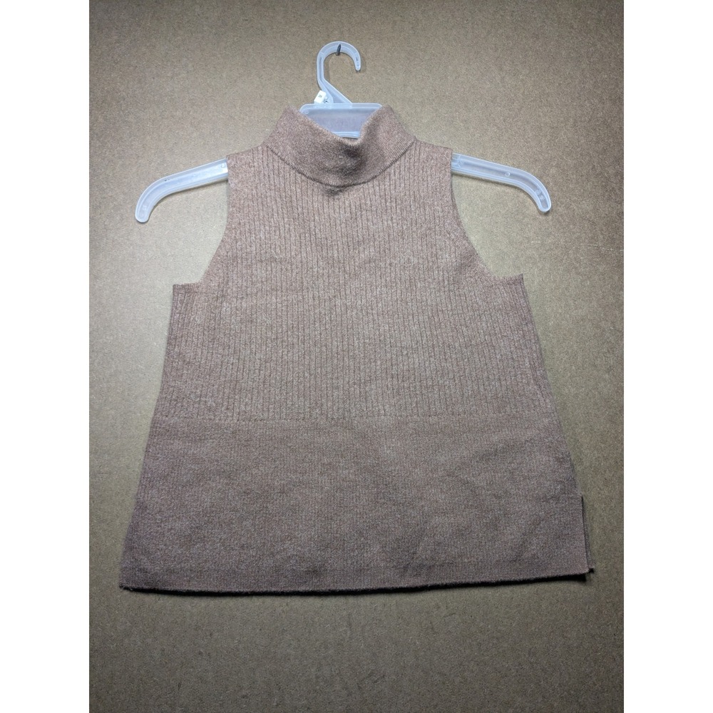 Halston Womens Merino Wool Ribbed Mock Neck Sleeveless Sweater Brown Medium